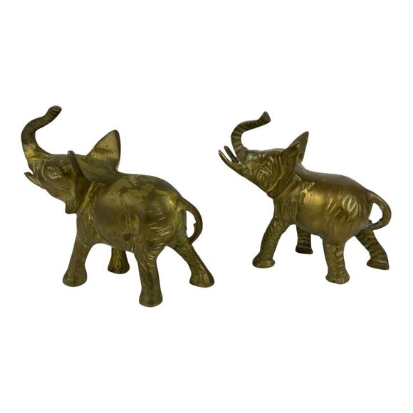 Vintage Brass Elephant Figurines Set Of 2 With Trunks Up For Good Luck Decor - Picture 6 of 7